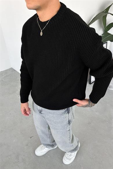 Siyah Örme Desen Oversize Triko Kazak