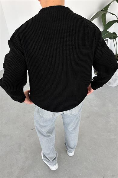 Siyah Örme Desen Oversize Triko Kazak