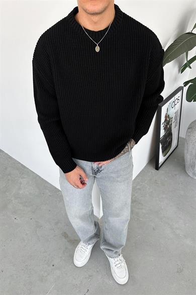 Siyah Örme Desen Oversize Triko Kazak