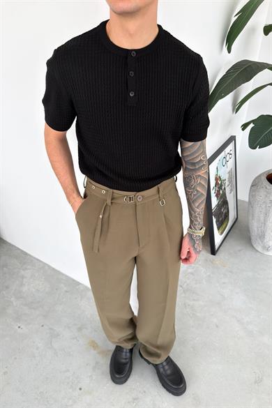 Siyah Örme Desenli Düğmeli Yaka Relaxed Tişört