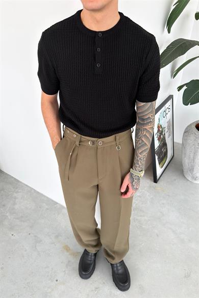 Siyah Örme Desenli Düğmeli Yaka Relaxed Tişört