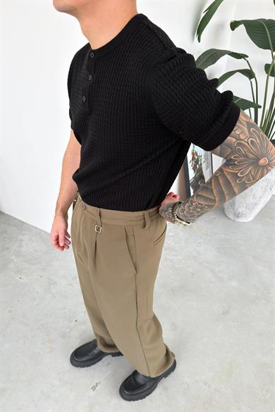 Siyah Örme Desenli Düğmeli Yaka Relaxed Tişört