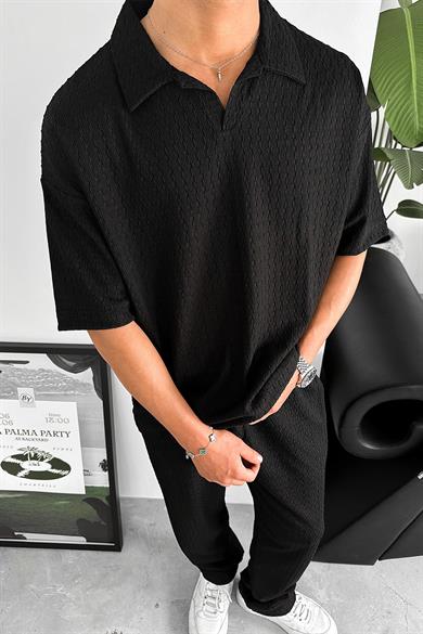 Siyah Örme Desenli Relaxed Polo Yaka Tişört