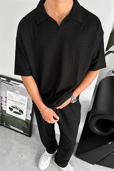Siyah Örme Desenli Relaxed Polo Yaka Tişört