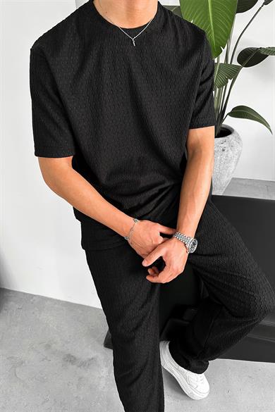 Siyah Örme Desenli Relaxed Tişört