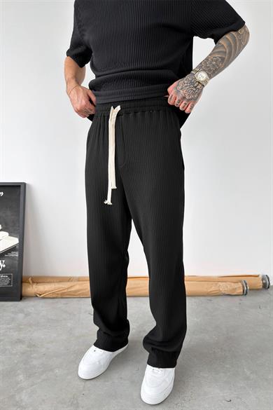 Siyah Ottoman Kumaş Baggy Pantolon