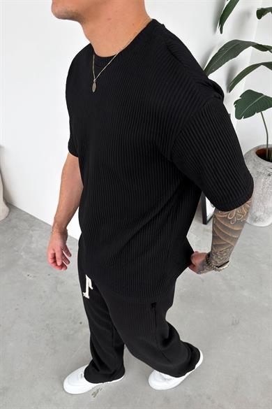 Siyah Ottoman Kumaş Oversize Tişört
