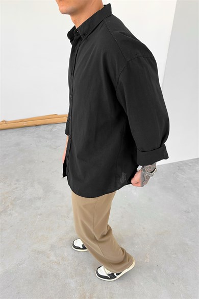 Siyah Oversize Fresh Keten Gömlek