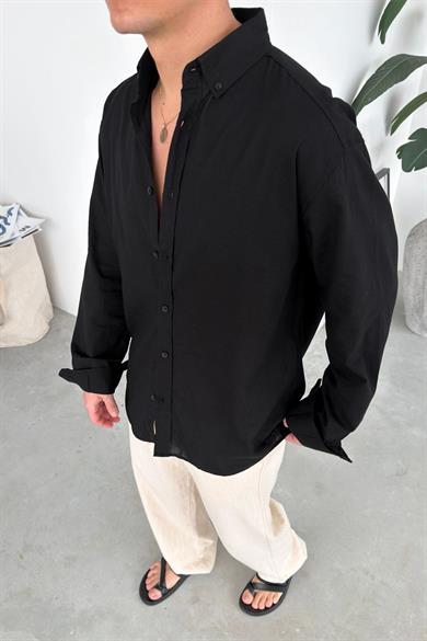 Siyah Oversize Fresh Keten Gömlek