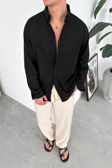 Siyah Oversize Fresh Keten Gömlek