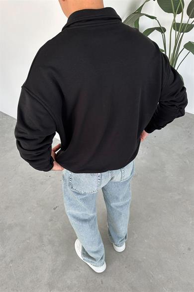 Siyah OW Nakış Yarım Fermuarlı Sweatshirt