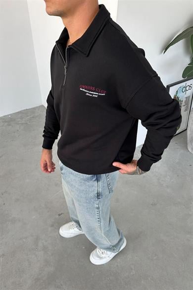 Siyah OW Nakış Yarım Fermuarlı Sweatshirt