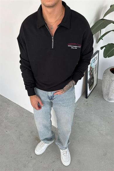 Siyah OW Nakış Yarım Fermuarlı Sweatshirt