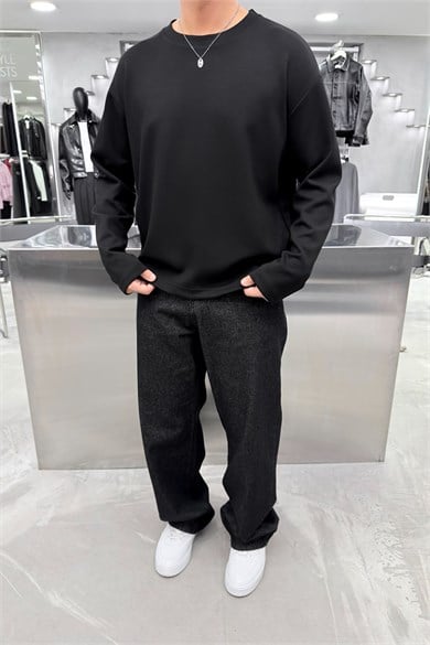 Siyah Oysh Kumaş Uzun Kollu Oversize Tişört