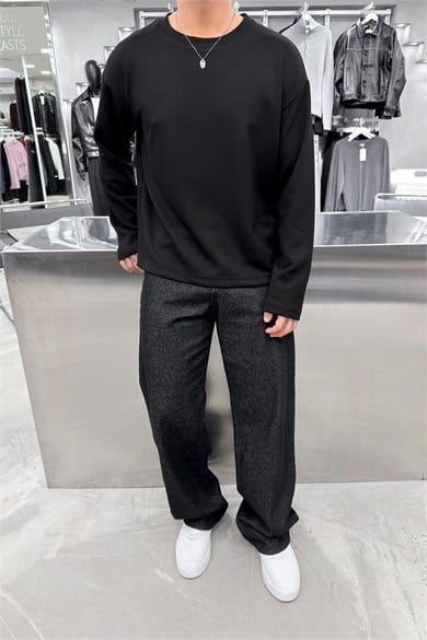 Siyah Oysh Kumaş Uzun Kollu Oversize Tişört