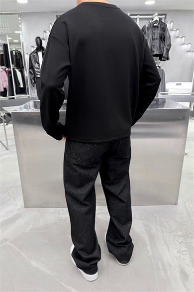 Siyah Oysh Kumaş Uzun Kollu Oversize Tişört