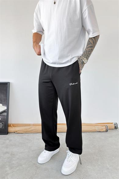 Siyah Paça Stoperli Nakışlı Baggy Eşofman