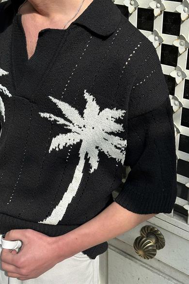 Siyah Palmiye Örme Triko GO Polo Yaka Oversize Tişört