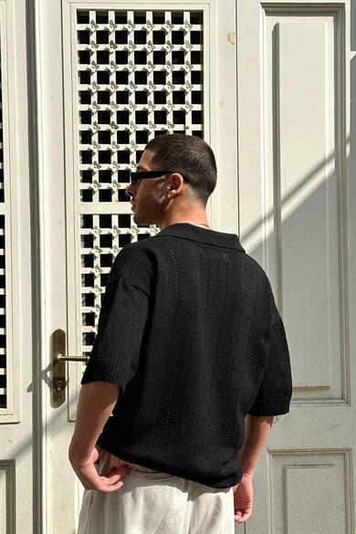 Siyah Palmiye Örme Triko GO Polo Yaka Oversize Tişört