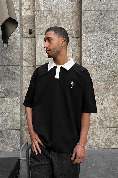 Siyah Palmiye Polo Yaka OUTPLENTY PREMİUM Oversize Tişört
