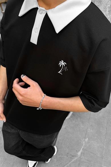 Siyah Palmiye Polo Yaka OUTPLENTY PREMİUM Oversize Tişört
