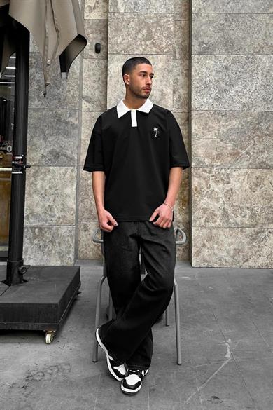 Siyah Palmiye Polo Yaka OUTPLENTY PREMİUM Oversize Tişört