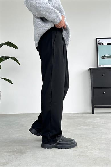 Siyah Pile Detay 01 Baggy Kumaş Pantolon