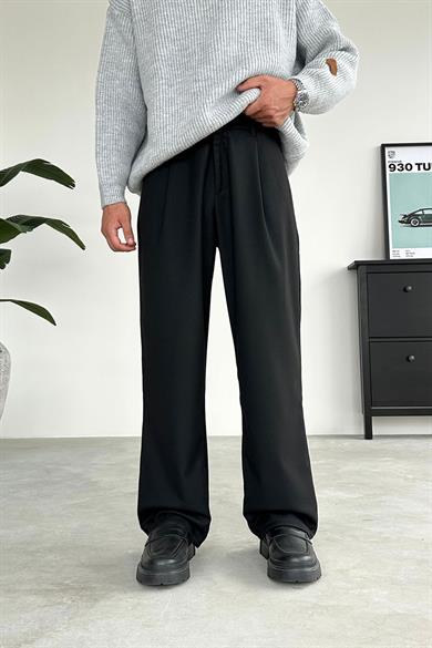 Siyah Pile Detay 01 Baggy Kumaş Pantolon