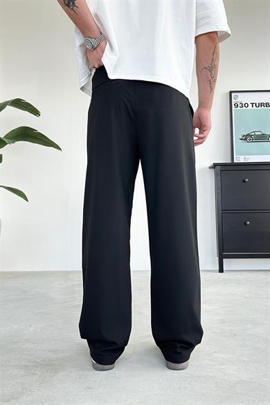 Siyah Pile Detay Kumaş Baggy Pantolon