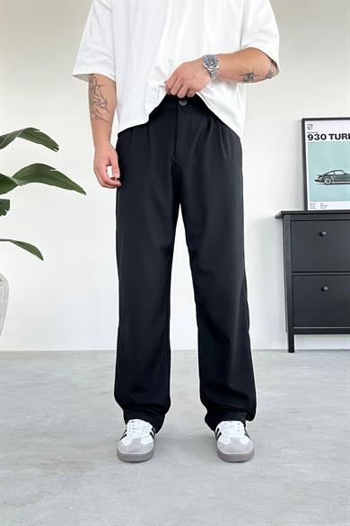 Siyah Pile Detay Kumaş Baggy Pantolon