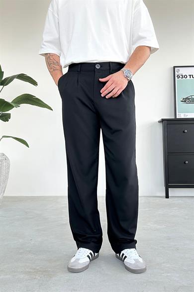 Siyah Pile Detay Kumaş Baggy Pantolon