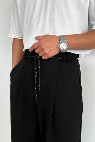 Siyah Pile Detay Tensel Kumaş Baggy Pantolon