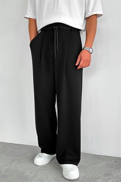 Siyah Pile Detay Tensel Kumaş Baggy Pantolon