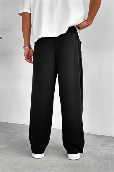 Siyah Pile Detay Tensel Kumaş Baggy Pantolon