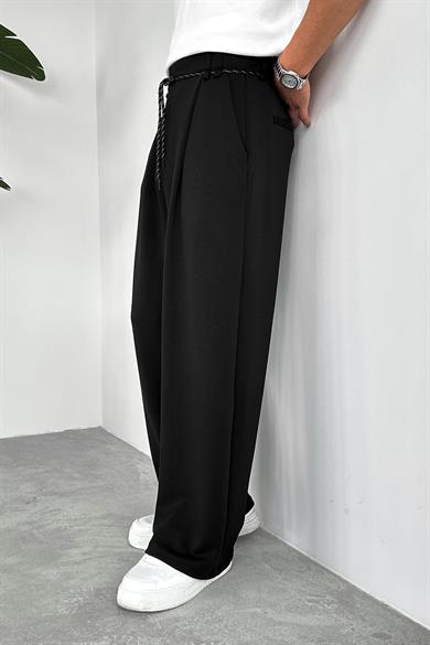 Siyah Pile Detay Tensel Kumaş Baggy Pantolon