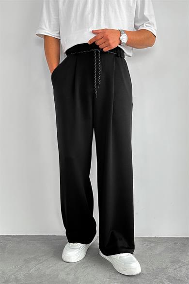 Siyah Pile Detay Tensel Kumaş Baggy Pantolon