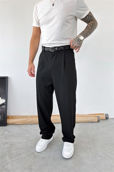Siyah Pileli Baggy Fit Kumaş Pantolon