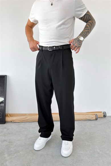 Siyah Pileli Baggy Fit Kumaş Pantolon