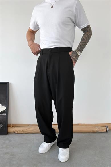 Siyah Pileli Baggy Kumaş Pantolon