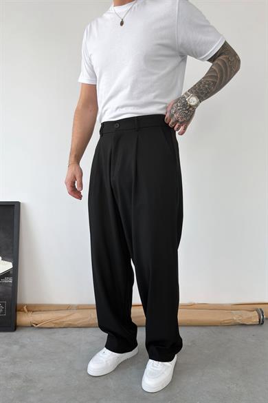 Siyah Pileli Baggy Kumaş Pantolon