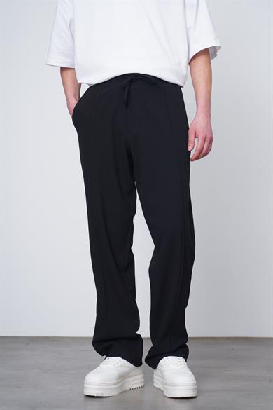Siyah Pileli Beli Lastikli Kumaş EL Baggy Pantolon