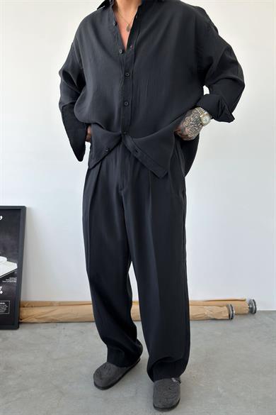 Siyah Pileli Modal Kumaş Baggy Pantolon