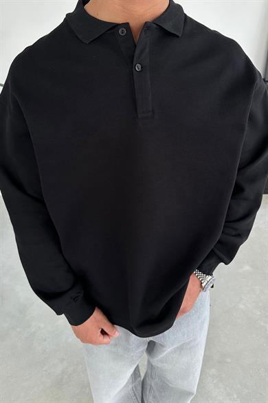 Siyah Polo Yaka Relaxed Uzun Kol Tişört