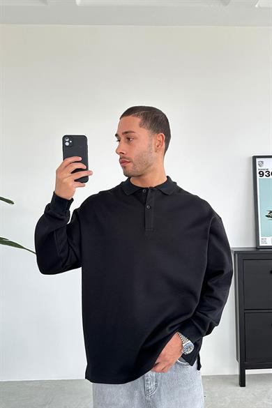 Siyah Polo Yaka Relaxed Uzun Kol Tişört