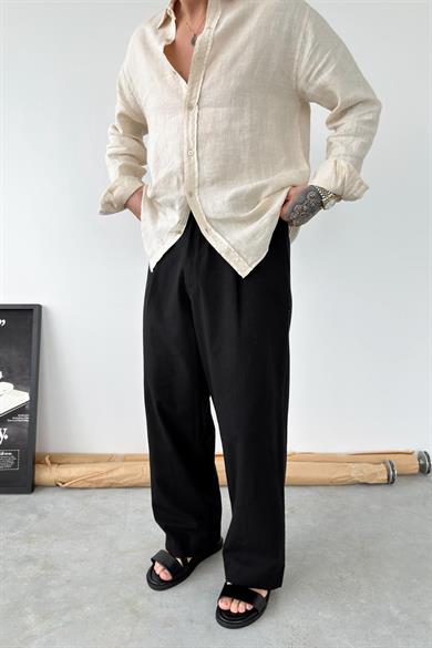 Siyah Premium Baggy Keten Pantolon