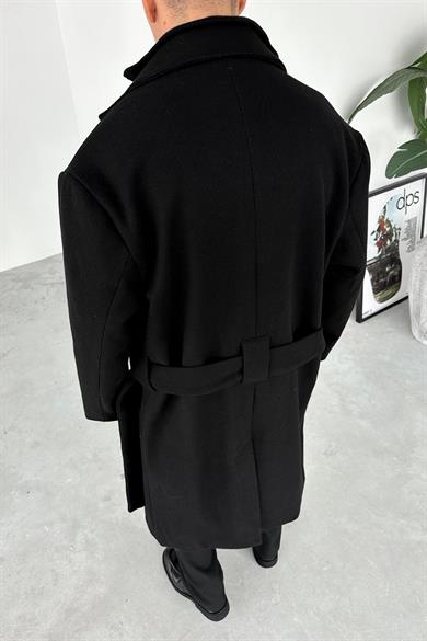 Siyah Premium Basic Kemerli Kaşe Kaban