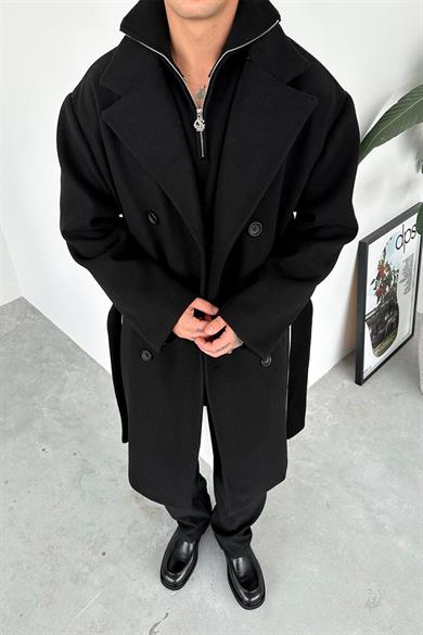 Siyah Premium Basic Kemerli Kaşe Kaban