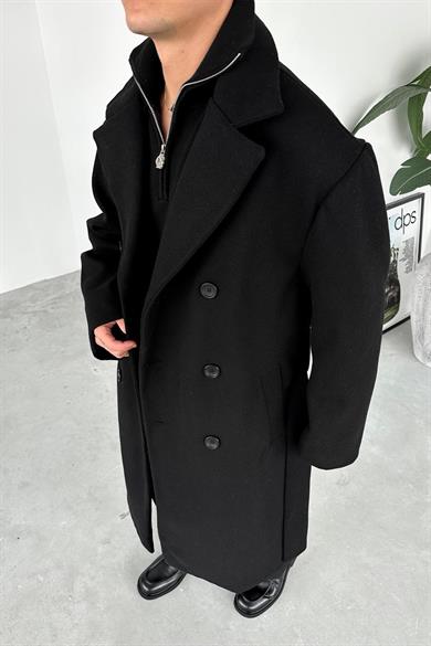 Siyah Premium Basic Kemerli Kaşe Kaban