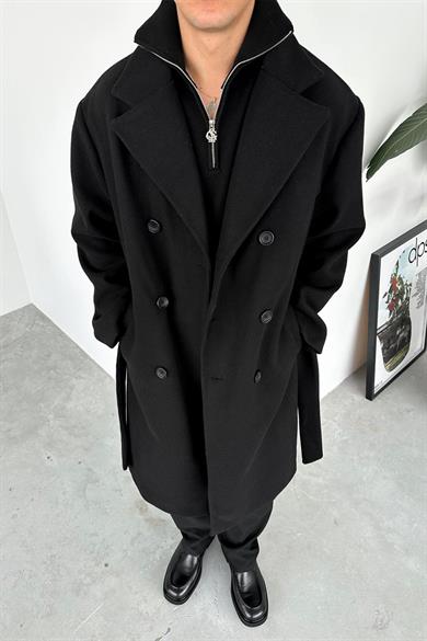 Siyah Premium Basic Kemerli Kaşe Kaban