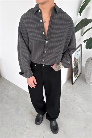 Siyah Premium Çizgili Oversize Gömlek